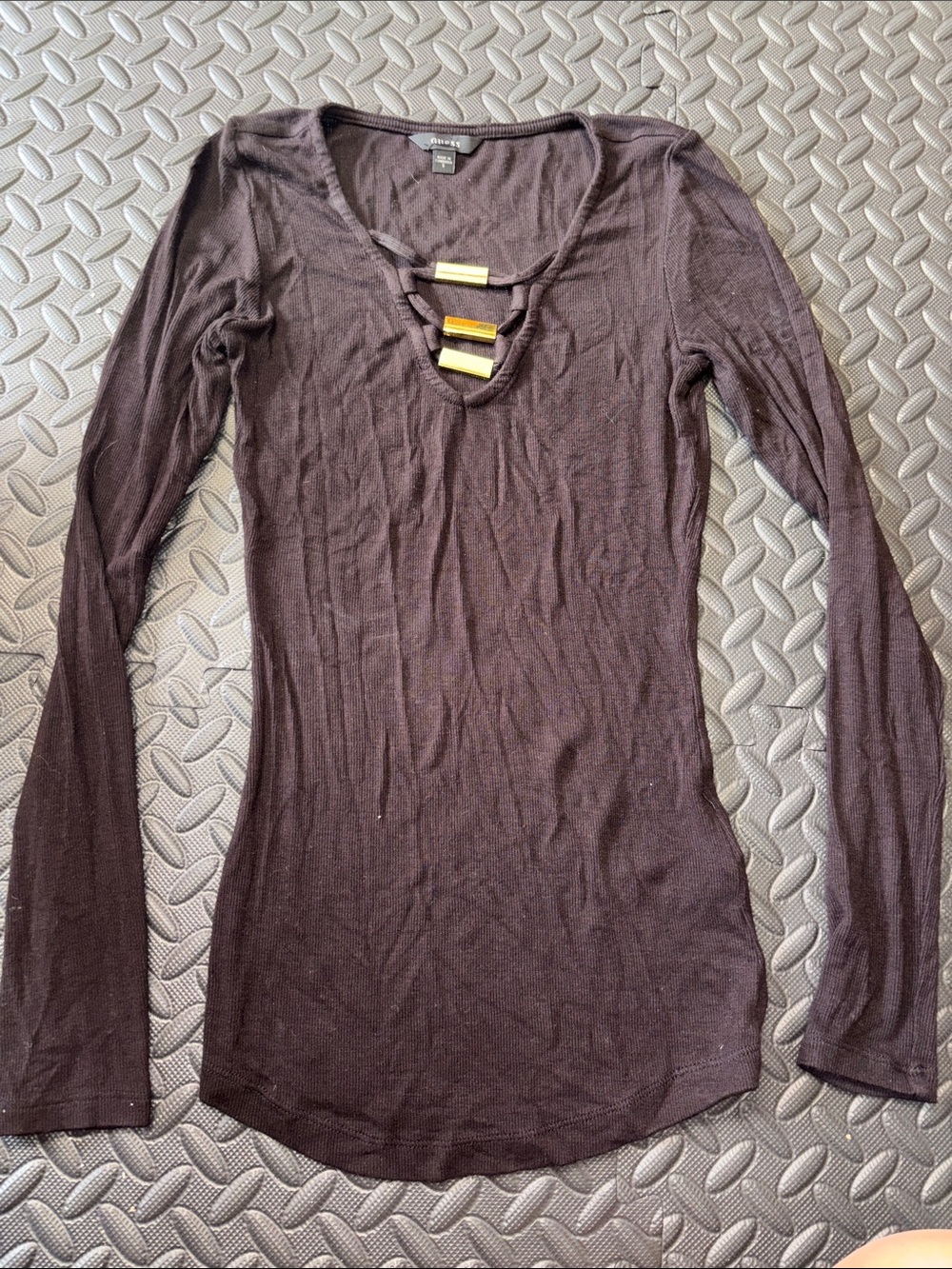 Guess Women’s Long Sleeve Scoop Neck Top with Decorative Bars - Black